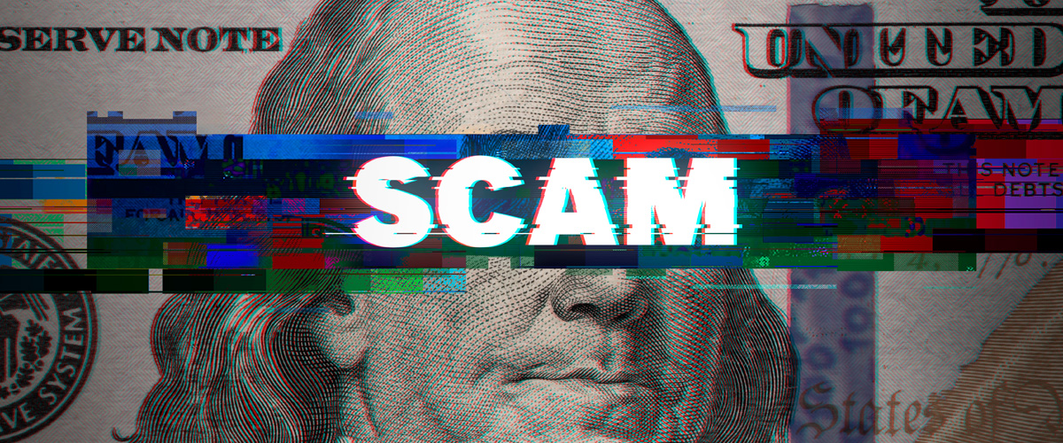 Scam letters on top of a dollar bill image.
